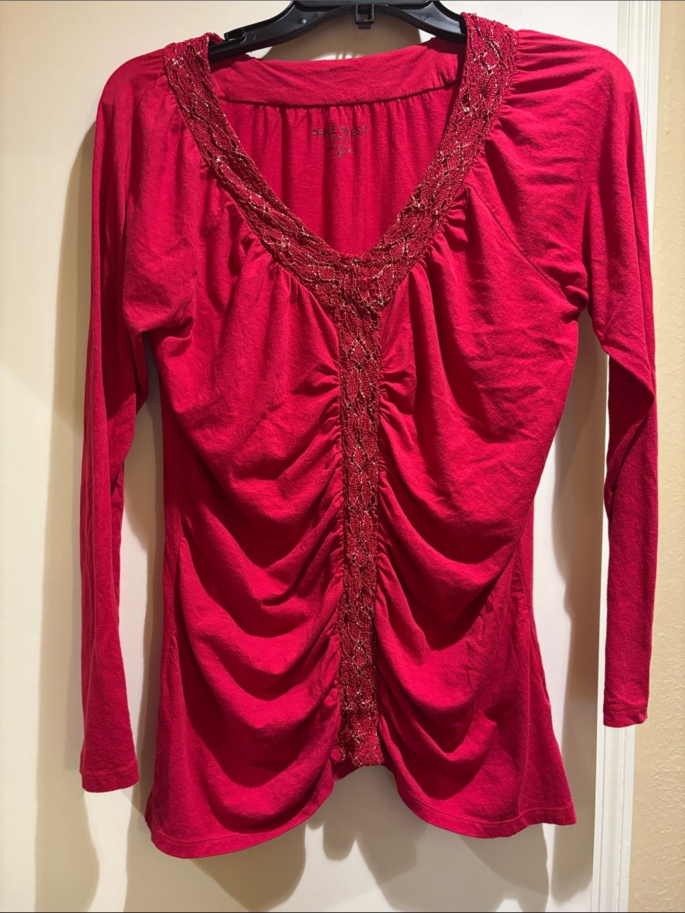 Nine West Red Long-Sleeve V-Neck Ruched Top with Beaded Trim